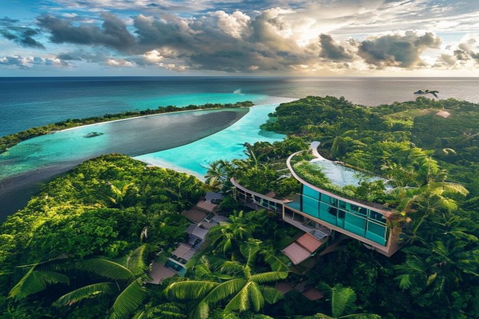 Aerial view of lush tropical hillside resort overlooking turquoise Caribbean bay