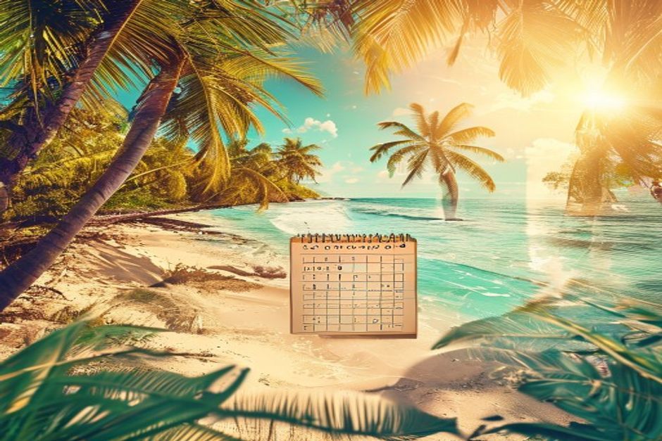 Tropical June calendar floating over turquoise Caribbean water and white sand beach