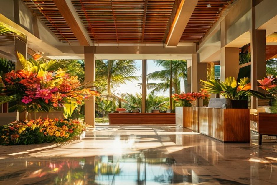 Resort lobby with tropical flowers and check-in desk ready for summer arrivals