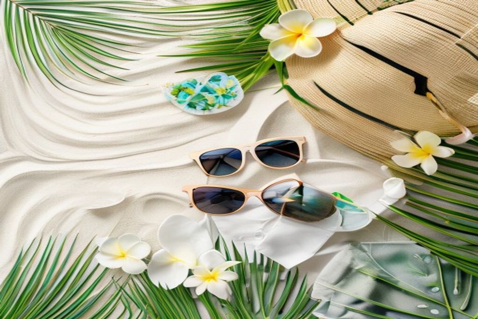 Packing essentials flat lay for a Caribbean beach vacation in June