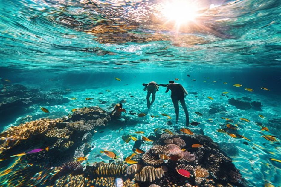 Couple snorkeling together in crystal clear turquoise Caribbean water with vibrant coral reef