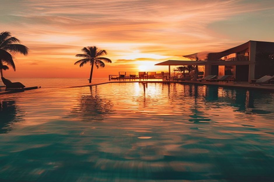 Caribbean sunset over calm ocean with luxury resort pool deck