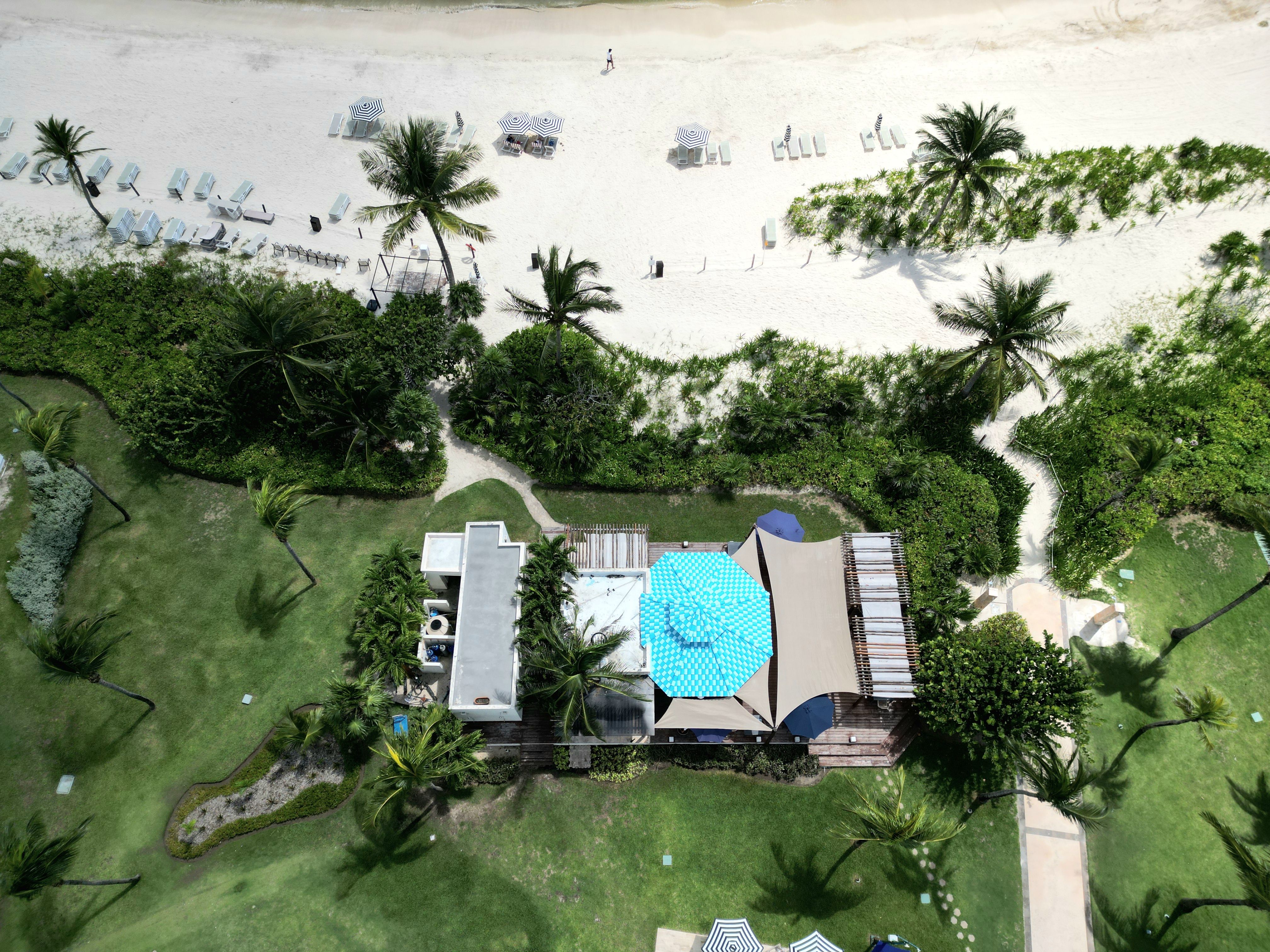 Aerial view of turquoise Caribbean waters meeting golden sand and lush tropical forest.