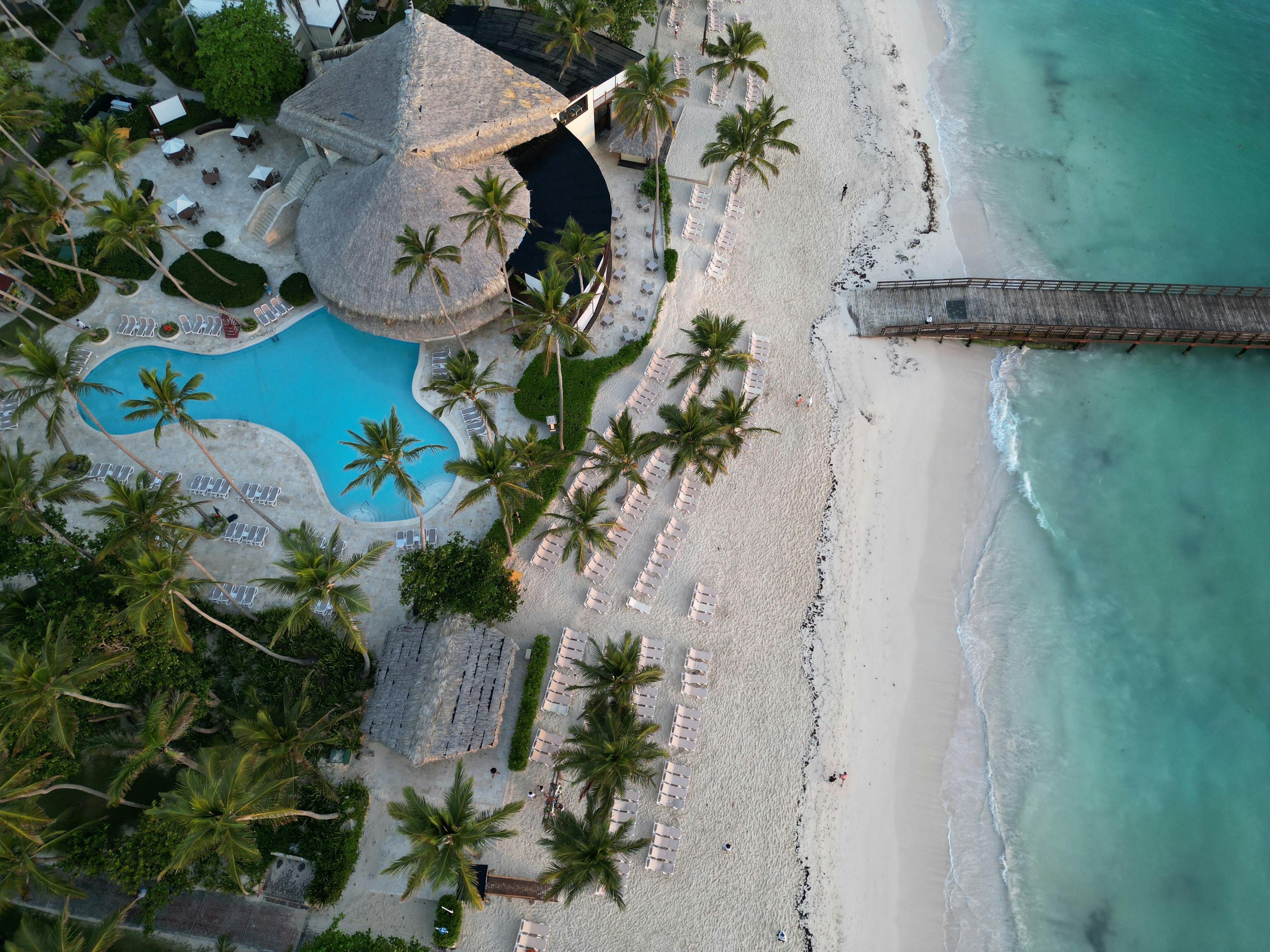 Caribbean resort pool overlooking turquoise ocean water with palm trees