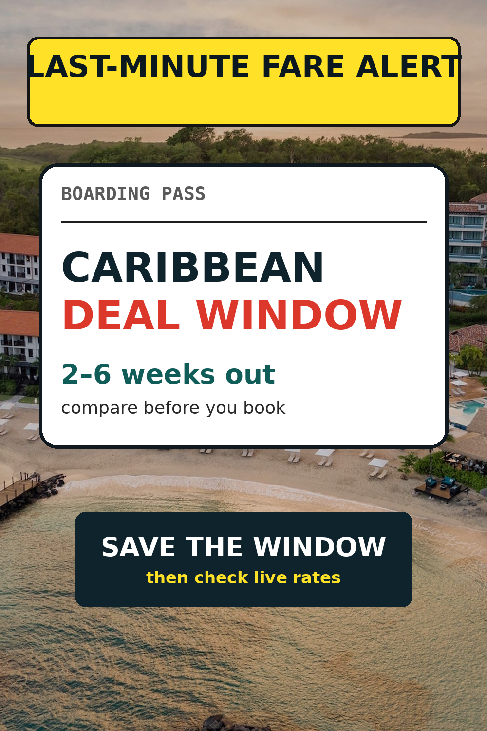 Airport departure board showing Caribbean destinations — a visual reminder to check flights before booking the resort
