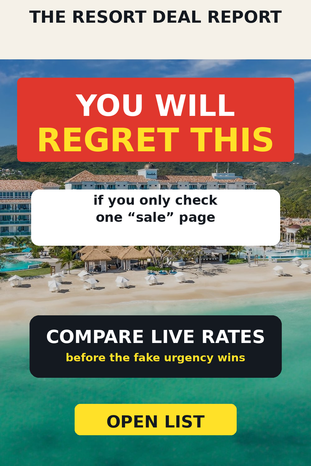Tabloid-style graphic warning about honeymoon booking regret — representing the emotional cost of a bad last-minute deal